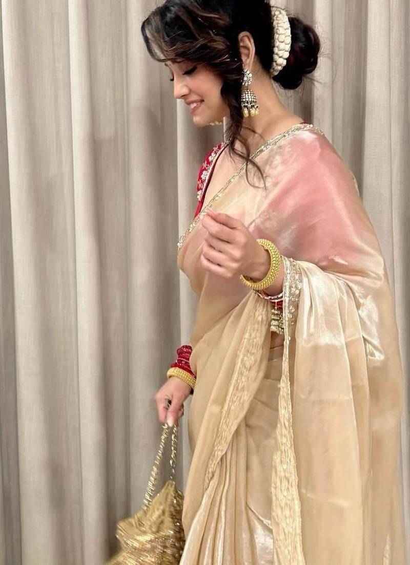 Cream Color Sequins Work Jimmi Choo Saree