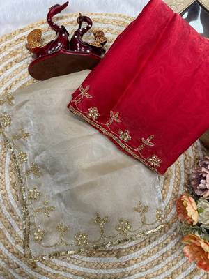Cream Color Sequins Work Jimmi Choo Saree 3
