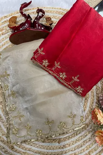 Cream Color Sequins Work Jimmi Choo Saree