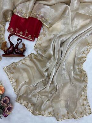 Cream Color Sequins Work Jimmi Choo Saree 4