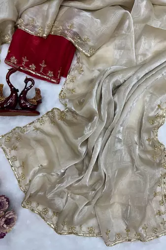 Cream Color Sequins Work Jimmi Choo Saree