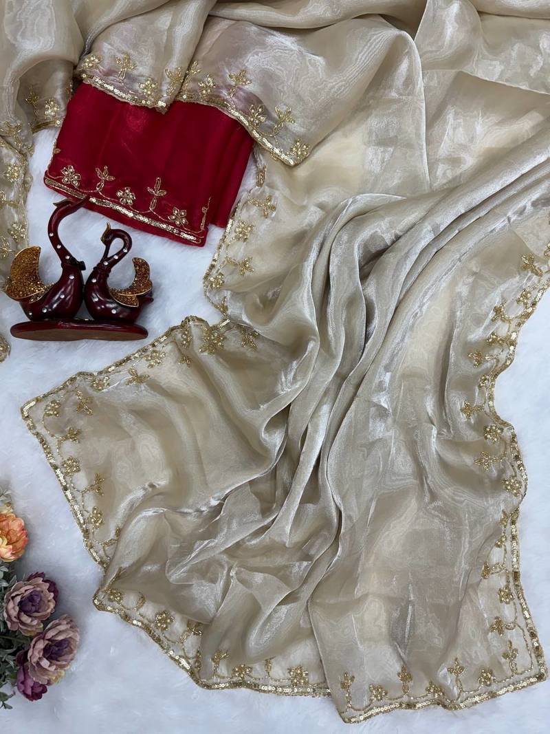 Cream Color Sequins Work Jimmi Choo Saree