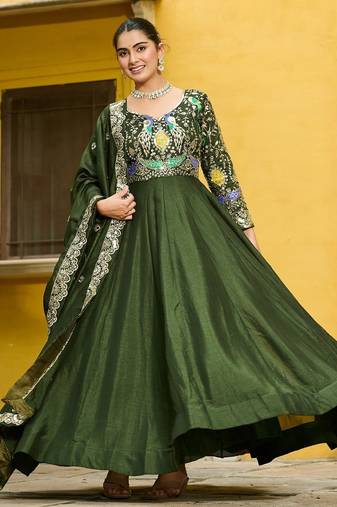 Mehendi Vichitra Silk Designer Gown with Zari Embroidery | Festive & Wedding Wear Gown
