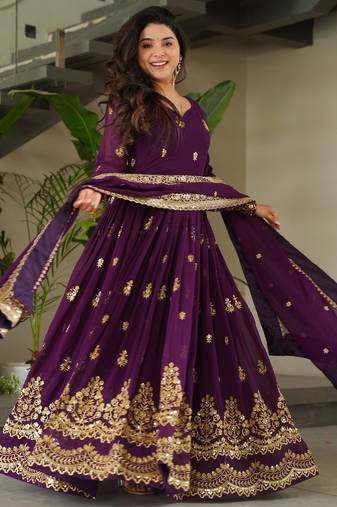 Purple Faux Blooming Designer Gown with Heavy Embroidery & Sequins Work | Wedding & Party Wear Gown