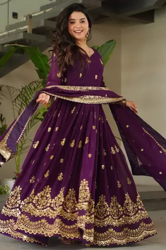 Purple Faux Blooming Designer Gown with Heavy Embroidery & Sequins Work | Wedding & Party Wear Gown