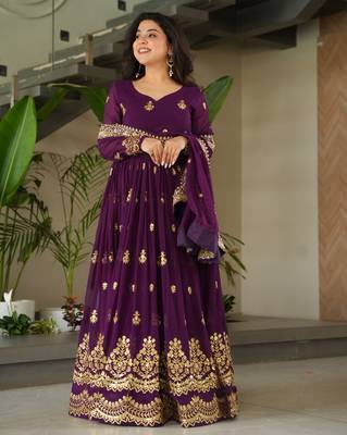 Purple Faux Blooming Designer Gown with Heavy Embroidery & Sequins Work | Wedding & Party Wear Gown 2