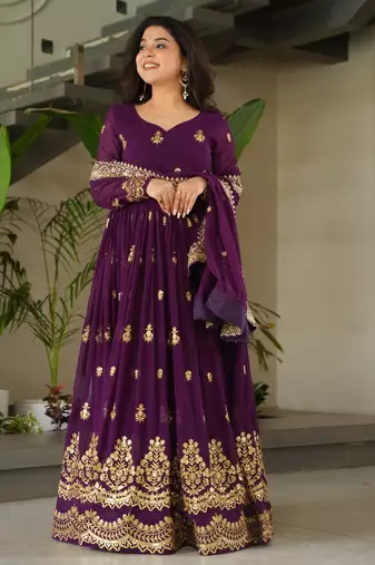 Purple Faux Blooming Designer Gown with Heavy Embroidery & Sequins Work | Wedding & Party Wear Gown