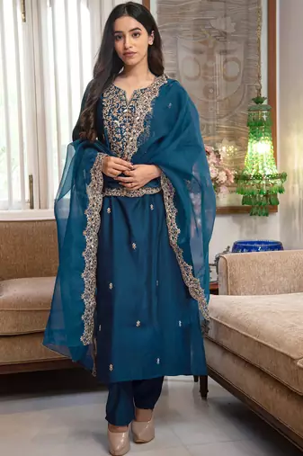 Deep teal blue embroidered silk suit set with scalloped organza dupatta