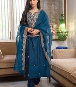 Deep teal blue embroidered silk suit set with scalloped organza dupatta