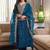 Deep teal blue embroidered silk suit set with scalloped organza dupatta