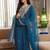 Deep teal blue embroidered silk suit set with scalloped organza dupatta
