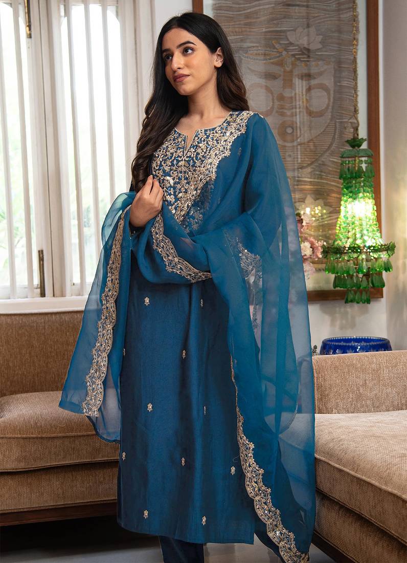 Deep teal blue embroidered silk suit set with scalloped organza dupatta