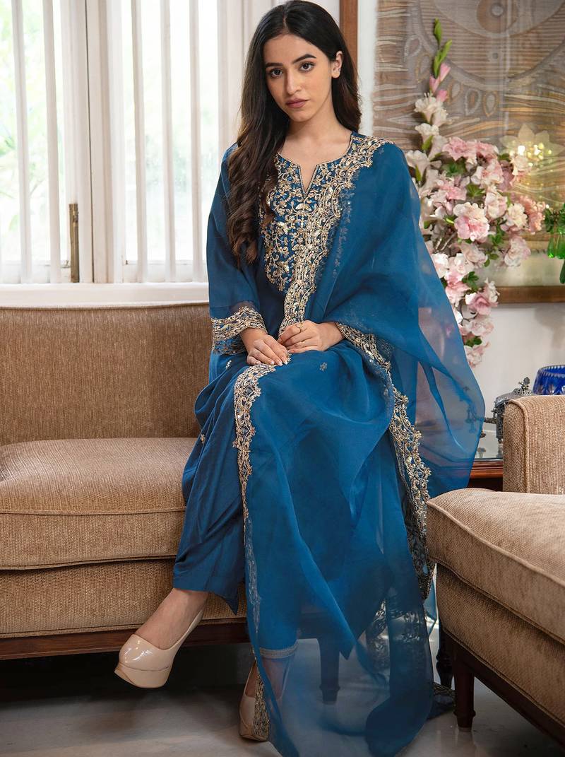 Deep teal blue embroidered silk suit set with scalloped organza dupatta