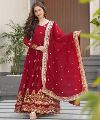 Maroon Faux Blooming Designer Gown with Heavy Embroidery & Sequins Work | Wedding & Party Wear Gown 1