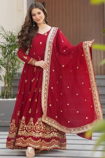 Maroon Faux Blooming Designer Gown with Heavy Embroidery & Sequins Work | Wedding & Party Wear Gown