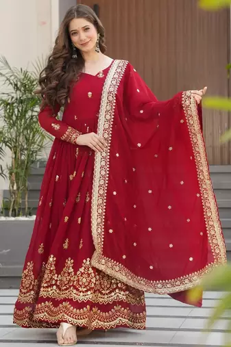 Maroon Faux Blooming Designer Gown with Heavy Embroidery & Sequins Work | Wedding & Party Wear Gown