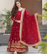 Maroon Faux Blooming Designer Gown with Heavy Embroidery & Sequins Work | Wedding & Party Wear Gown