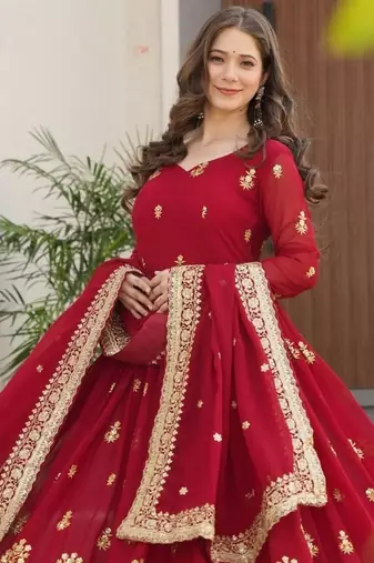 Maroon Faux Blooming Designer Gown with Heavy Embroidery & Sequins Work | Wedding & Party Wear Gown