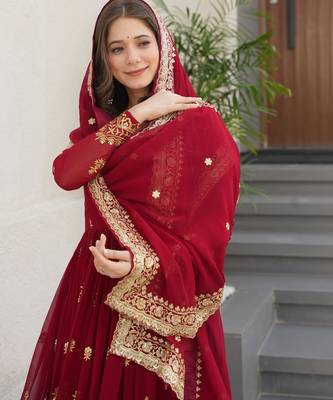 Maroon Faux Blooming Designer Gown with Heavy Embroidery & Sequins Work | Wedding & Party Wear Gown 3