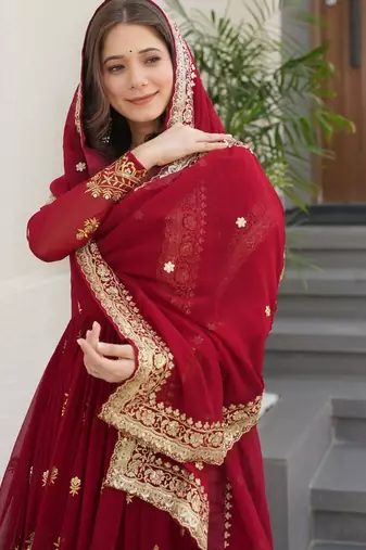 Maroon Faux Blooming Designer Gown with Heavy Embroidery & Sequins Work | Wedding & Party Wear Gown