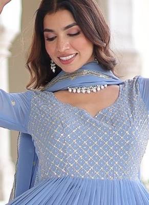 Sky Blue Faux Georgette Designer Gown with Zari Embroidery & Cut-Work | Party & Festive Wear 2