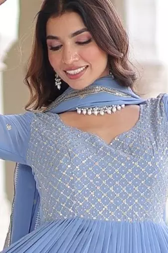 Sky Blue Faux Georgette Designer Gown with Zari Embroidery & Cut-Work | Party & Festive Wear