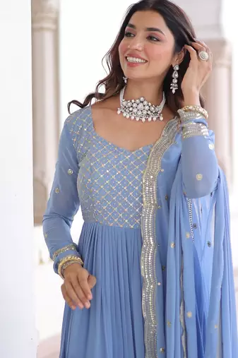 Sky Blue Faux Georgette Designer Gown with Zari Embroidery & Cut-Work | Party & Festive Wear