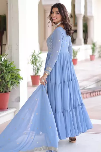 Sky Blue Faux Georgette Designer Gown with Zari Embroidery & Cut-Work | Party & Festive Wear