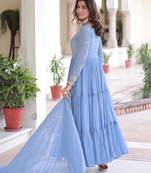 Sky Blue Faux Georgette Designer Gown with Zari Embroidery & Cut-Work | Party & Festive Wear