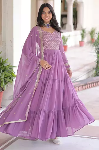 Onion Pink Faux Georgette Designer Gown with Zari Embroidery & Cut-Work | Festive & Party Wear
