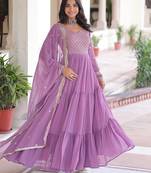 Onion Pink Faux Georgette Designer Gown with Zari Embroidery & Cut-Work | Festive & Party Wear