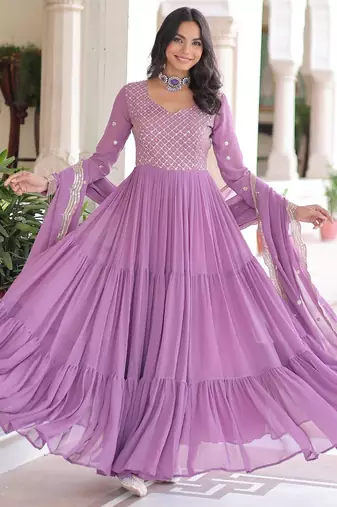 Onion Pink Faux Georgette Designer Gown with Zari Embroidery & Cut-Work | Festive & Party Wear