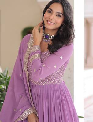 Onion Pink Faux Georgette Designer Gown with Zari Embroidery & Cut-Work | Festive & Party Wear 4