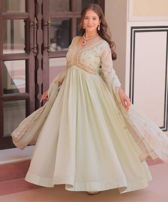 Pista Green Star Georgette Designer Gown with Sequins Multi Embroidery | Festive & Party Wear Gown 1