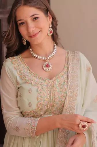 Pista Green Star Georgette Designer Gown with Sequins Multi Embroidery | Festive & Party Wear Gown