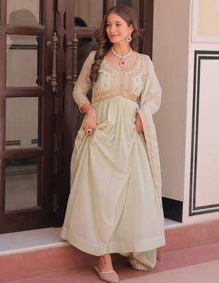 Pista Green Star Georgette Designer Gown with Sequins Multi Embroidery | Festive & Party Wear Gown 3