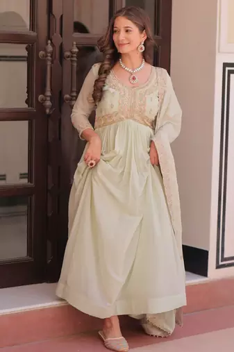 Pista Green Star Georgette Designer Gown with Sequins Multi Embroidery | Festive & Party Wear Gown