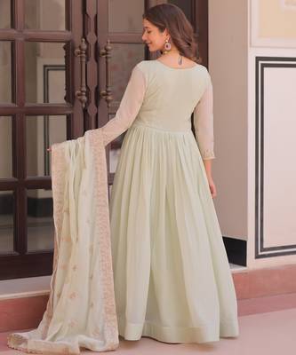 Pista Green Star Georgette Designer Gown with Sequins Multi Embroidery | Festive & Party Wear Gown 4