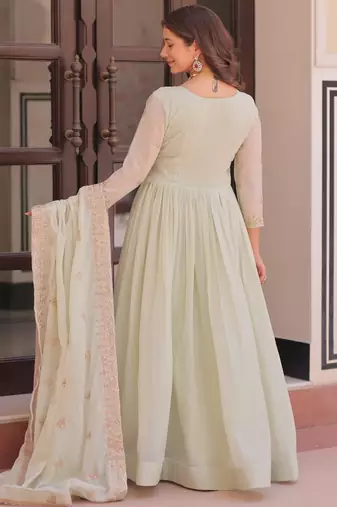 Pista Green Star Georgette Designer Gown with Sequins Multi Embroidery | Festive & Party Wear Gown