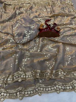Grey Color Embroidered Space Silk Saree 1