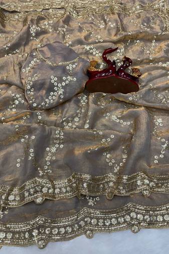 Grey Color Embroidered Space Silk Saree