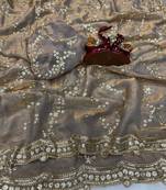 Grey Color Embroidered Space Silk Saree