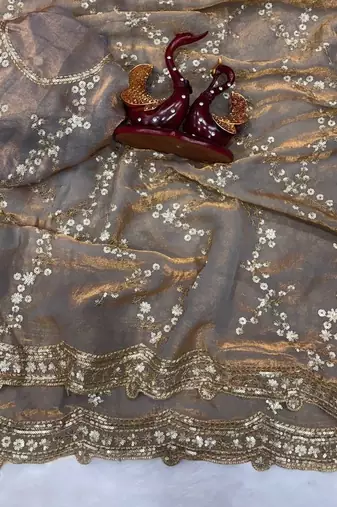 Grey Color Embroidered Space Silk Saree