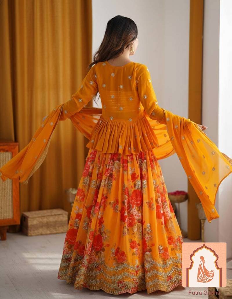 Yellow Floral Georgette Lehenga Choli Set with Sequin Work & Dupatta