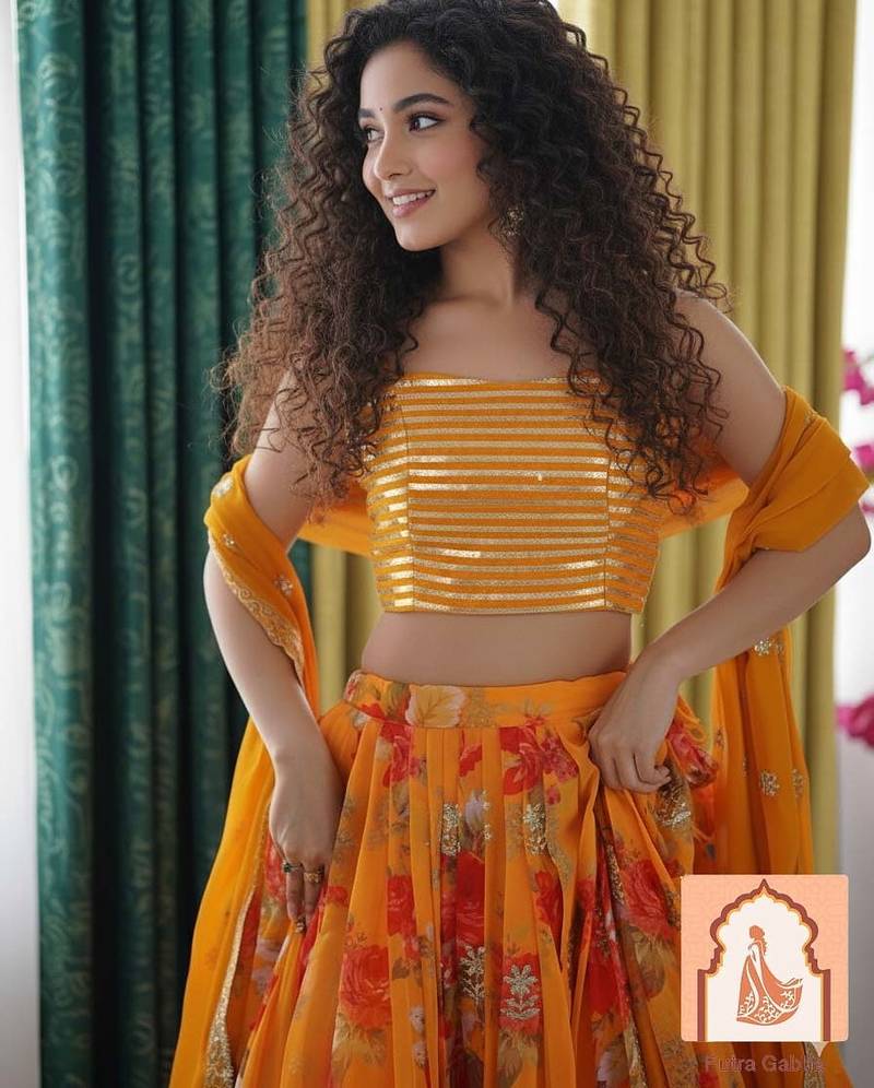 Yellow Floral Georgette Lehenga Choli Set with Sequin Work & Dupatta