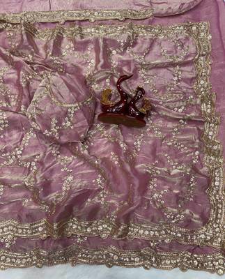 Lavender Color Embroidered Space Silk Saree 1