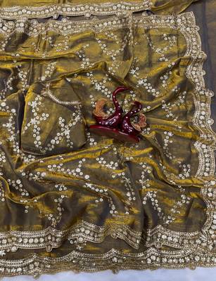 Olive Color Embroidered Space Silk Saree 1