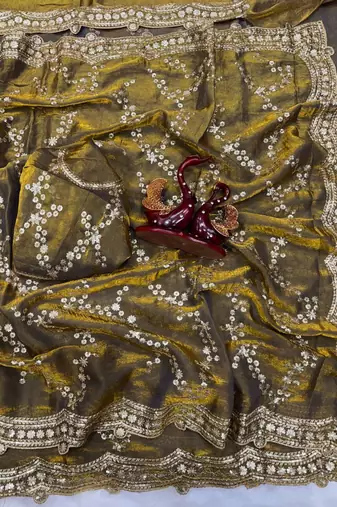 Olive Color Embroidered Space Silk Saree