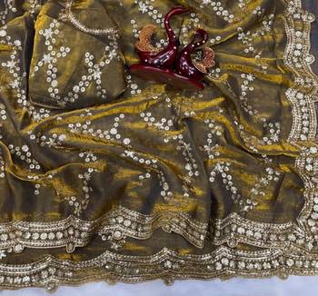 Olive Color Embroidered Space Silk Saree 2