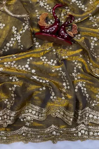 Olive Color Embroidered Space Silk Saree